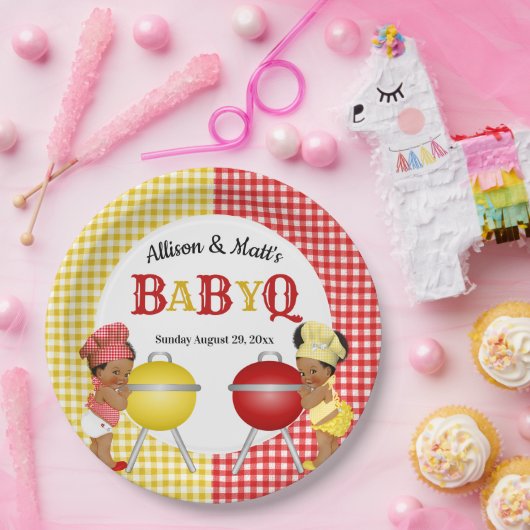 Geslacht Rood Geel Gingham Baby Q BBQ Papieren Bordje (Feest)