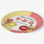Geslacht Rood Geel Gingham Baby Q BBQ Papieren Bordje (Gekanteld)