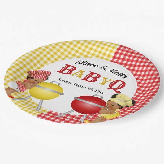 Geslacht Rood Geel Gingham Baby Q BBQ Papieren Bordje (Gekanteld)