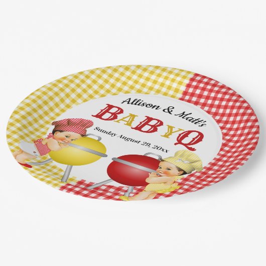 Geslacht Rood Geel Gingham Baby Q BBQ Papieren Bordje (Gekanteld)
