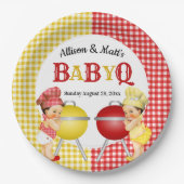 Geslacht Rood Geel Gingham Baby Q BBQ Papieren Bordje (Voorkant)