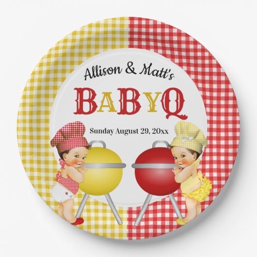 Geslacht Rood Geel Gingham Baby Q BBQ Papieren Bordje (Voorkant)