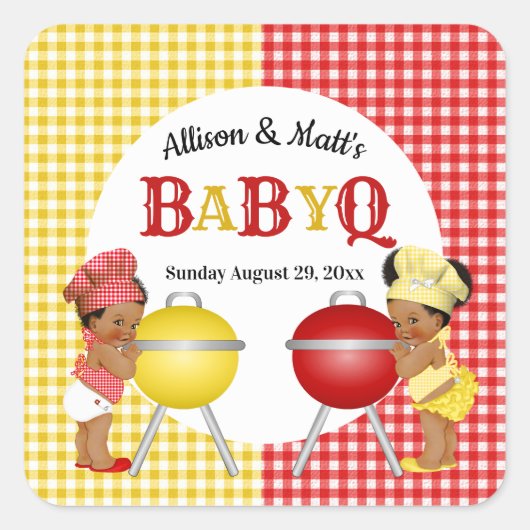 Geslacht Rood Geel Gingham Baby Q BBQ Vierkante Sticker (Voorkant)