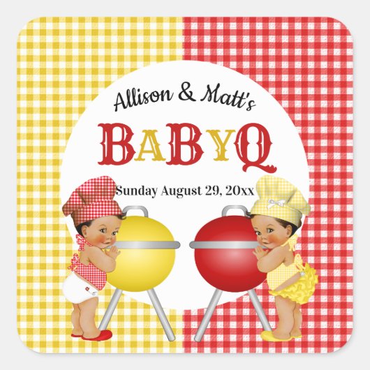 Geslacht Rood Geel Gingham Baby Q BBQ Vierkante Sticker (Voorkant)
