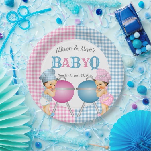 Geslacht Roze Blauw Gingham Baby Q BBQ Papieren Bordje (Feest)