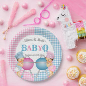 Geslacht Roze Blauw Gingham Baby Q BBQ Papieren Bordje (Feest)
