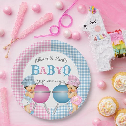 Geslacht Roze Blauw Gingham Baby Q BBQ Papieren Bordje (Feest)