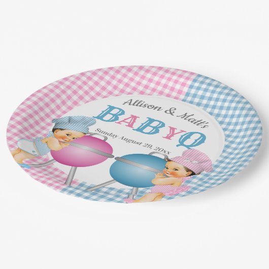 Geslacht Roze Blauw Gingham Baby Q BBQ Papieren Bordje (Gekanteld)