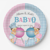 Geslacht Roze Blauw Gingham Baby Q BBQ Papieren Bordje (Voorkant)