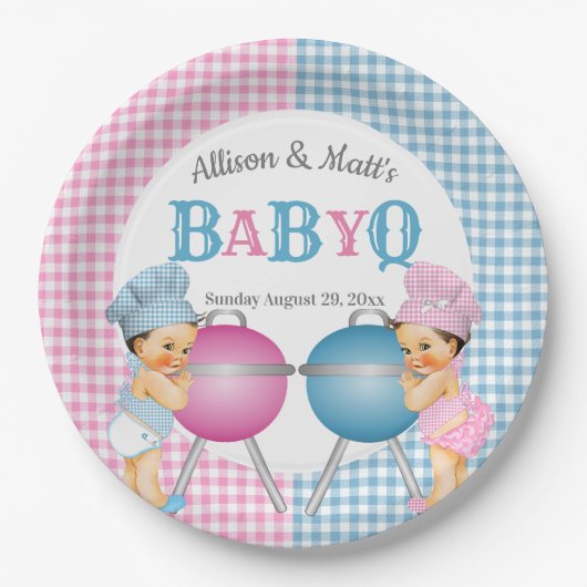Geslacht Roze Blauw Gingham Baby Q BBQ Papieren Bordje (Voorkant)