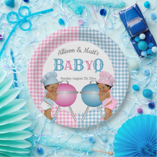 Geslacht Roze Blauw Gingham Baby Q BBQ Papieren Bordje (Feest)