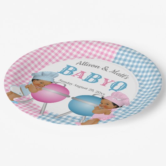 Geslacht Roze Blauw Gingham Baby Q BBQ Papieren Bordje (Gekanteld)