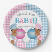 Geslacht Roze Blauw Gingham Baby Q BBQ Papieren Bordje (Voorkant)