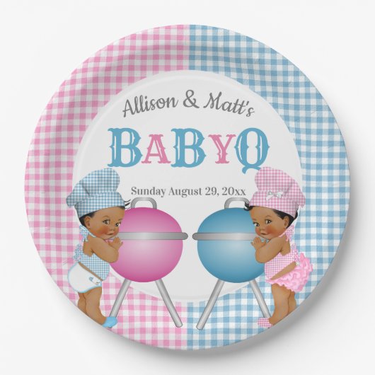 Geslacht Roze Blauw Gingham Baby Q BBQ Papieren Bordje (Voorkant)