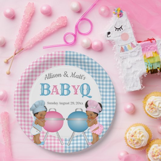 Geslacht Roze Blauw Gingham Baby Q BBQ Papieren Bordje (Feest)