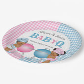 Geslacht Roze Blauw Gingham Baby Q BBQ Papieren Bordje (Gekanteld)