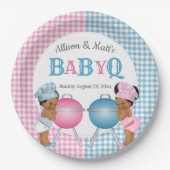 Geslacht Roze Blauw Gingham Baby Q BBQ Papieren Bordje (Voorkant)