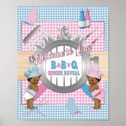 Geslacht Roze Blauw Gingham Baby Q BBQ Poster (Voorkant)