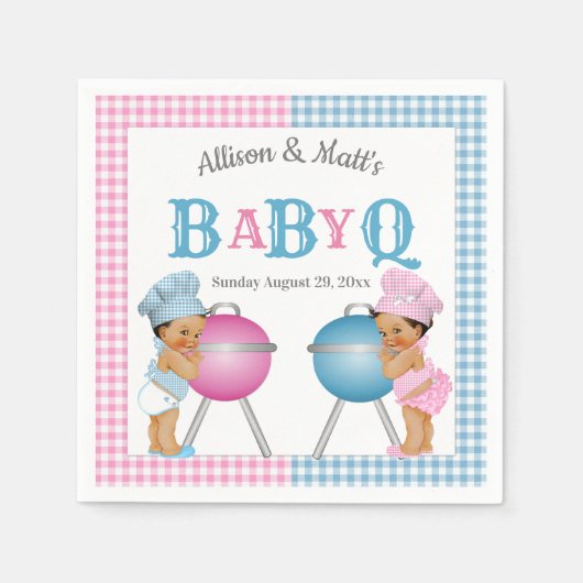 Geslacht Roze Blauw Gingham Baby Q BBQ Servet (Voorkant)