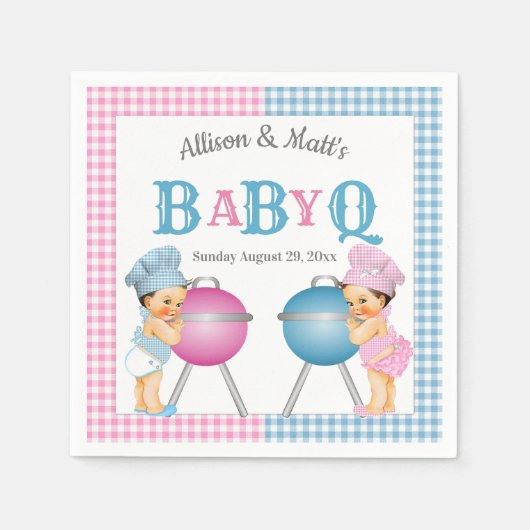 Geslacht Roze Blauw Gingham Baby Q BBQ Servet (Voorkant)