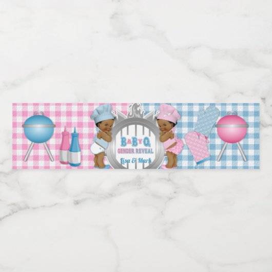 Geslacht Roze Blauw Gingham Baby Q BBQ Waterfles Etiket (Enkel label)