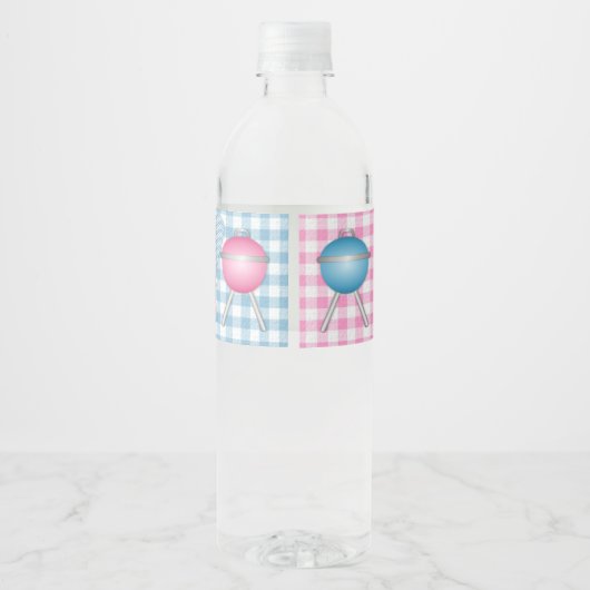Geslacht Roze Blauw Gingham Baby Q BBQ Waterfles Etiket (Achterkant)