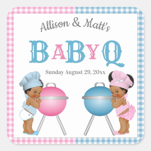 Geslacht Roze Blue Gingham BabyQ BBQ Vierkante Sticker (Voorkant)
