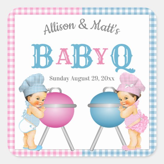 Geslacht Roze Blue Gingham BabyQ BBQ Vierkante Sticker (Voorkant)