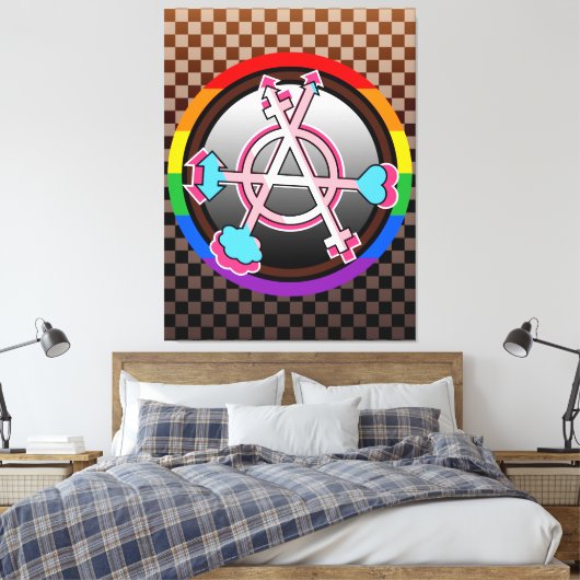 Geslachtsanarchiesymbool, embleem op donker schaak canvas afdruk (Insitu (Slaapkamer))