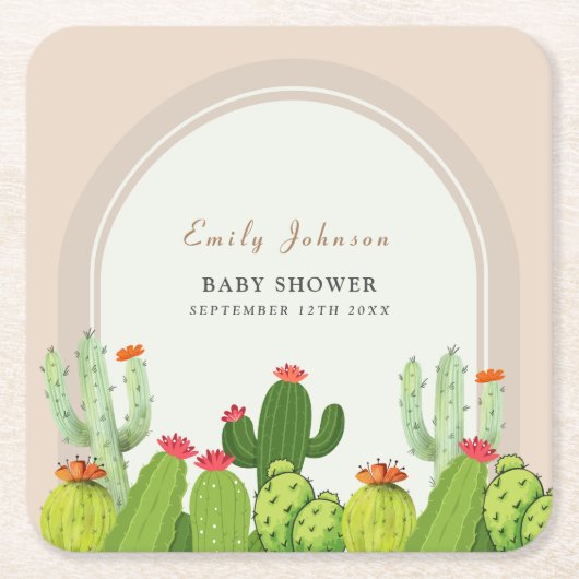 Geslachtsneutrale Boho cactus archa Baby shower Kartonnen Onderzetters (Voorkant)