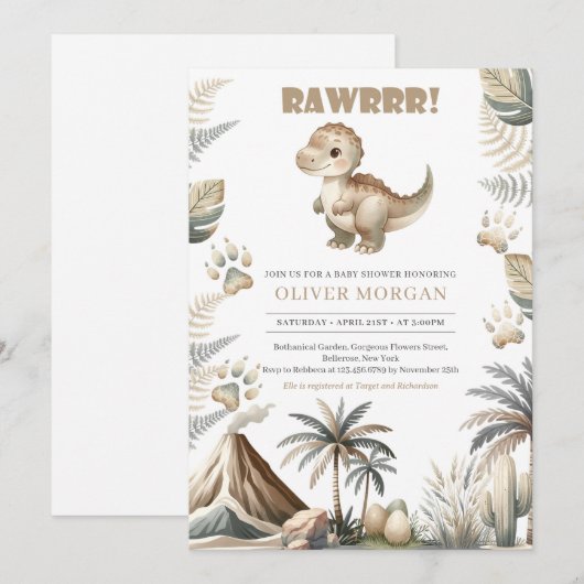 Geslachtsneutrale Dino Baby Shower Uitnodiging (Voorkant / Achterkant)