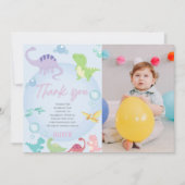 Geslachtsneutrale dinosaurus zwembadfeest verjaard bedankkaart (Voorkant)