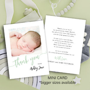 Geslachtsneutrale groene babyshower foto bedankt notitiekaartje