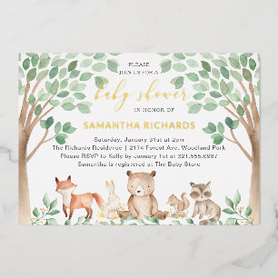 Geslachtsneutrale Woodland Dieren Baby Shower Goud Folie Uitnodiging