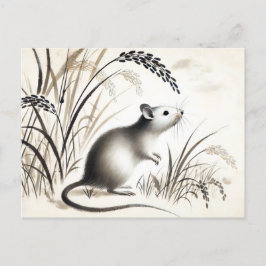 Geslepen Rat Onder Rijst Plant. Inkt Zodiac Feestdagenkaart