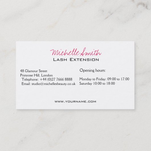 Gesloten ogen lange zweetuitbreiding visitekaartje (Achterkant)