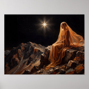 Gesluierde figuur op berg onder ster poster