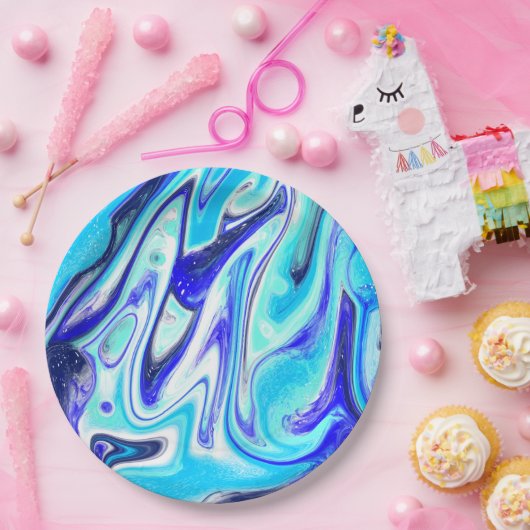 Gesmolten blauw | Marmer Fluid Art Papieren Bordje (Feest)