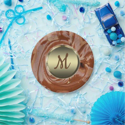 Gesmolten chocolade cacao fudge swirl dessert brui papieren bordje (Feest)