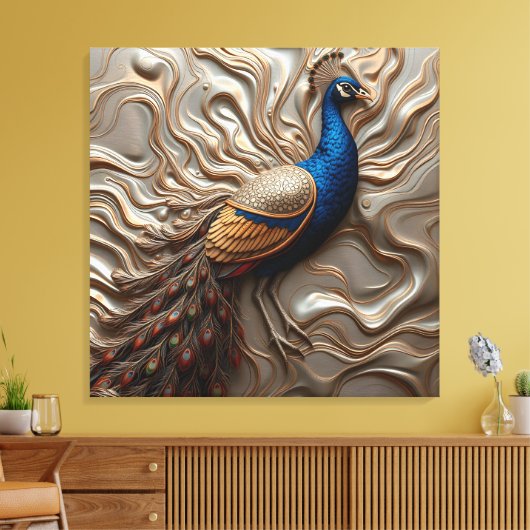 Gesmolten metalen bas-reliëf majestueuze pauw canvas afdruk (Insitu (Woonkamer))