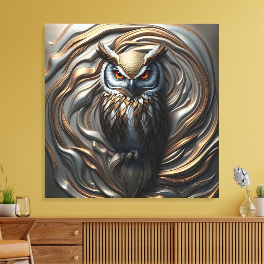 Gesmolten Metallic verguld Goud en Zilveren Uil Canvas Afdruk (Insitu (Woonkamer))