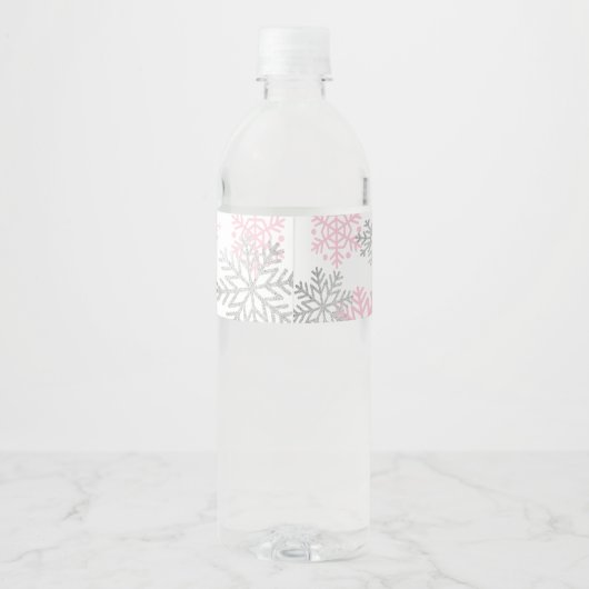 Gesmolten sneeuw roze en zilveren sneeuwvlokken wi waterfles etiket (Achterkant)