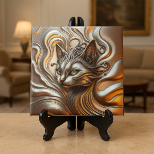 Gesmolten Vloeibare Metallic Goud en Zilveren Katt Tegeltje