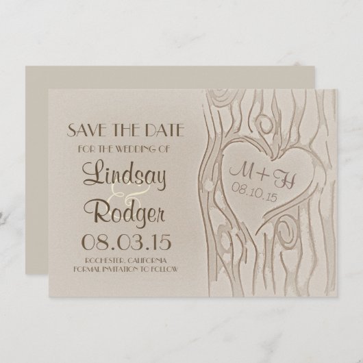 Gesneden boom rustiek Bewaar de datumkaarten Save The Date (Voorkant / Achterkant)