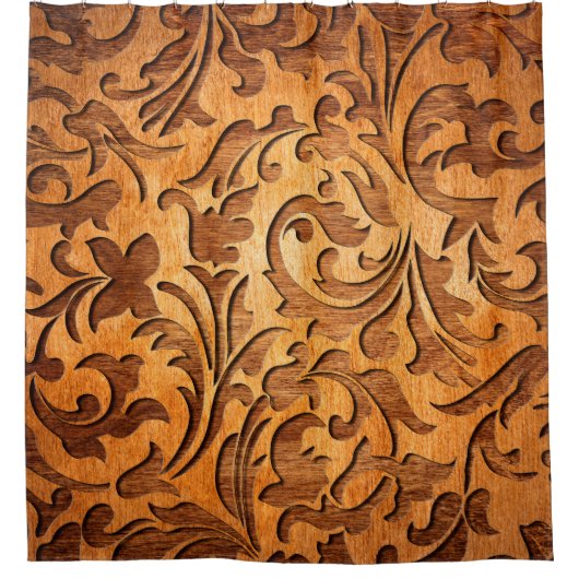 Gesneden Bruin Hout Oosters Bloemen Douchegordijn (Voorkant)