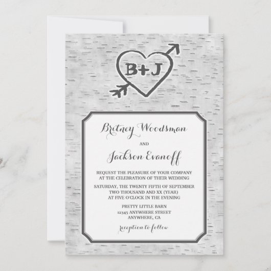 Gesneden Hart Berk Bast Bast Huwelijksuitnodiginge Kaart (Voorkant)