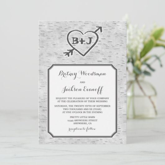 Gesneden Hart Berk Bast Bast Huwelijksuitnodiginge Kaart (Staand voorkant)