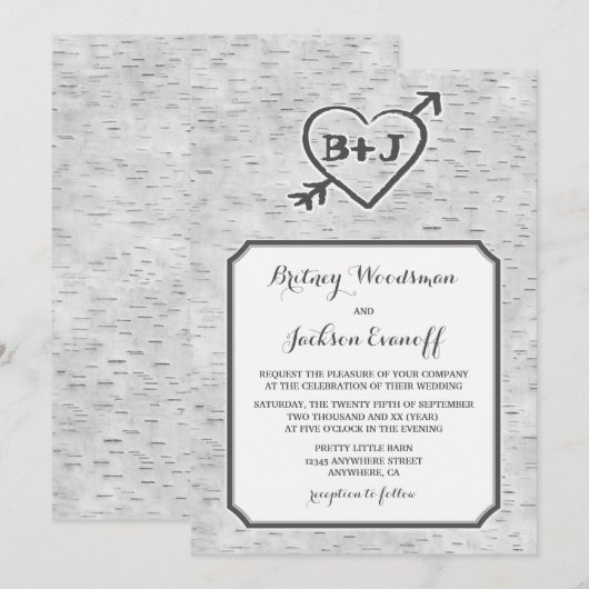 Gesneden Hart Berk Bast Bast Huwelijksuitnodiginge Kaart (Voorkant / Achterkant)