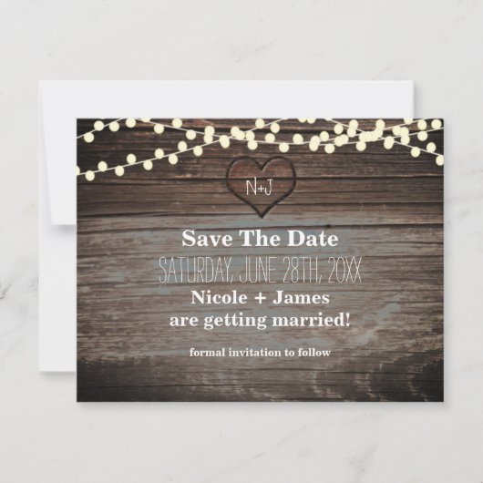 Gesneden Hart in Hout & Slingerlichtjes Bewaar de Save The Date (Voorkant)