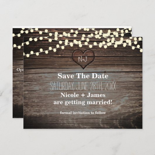 Gesneden Hart in Hout & Slingerlichtjes Bewaar de Save The Date (Voorkant / Achterkant)